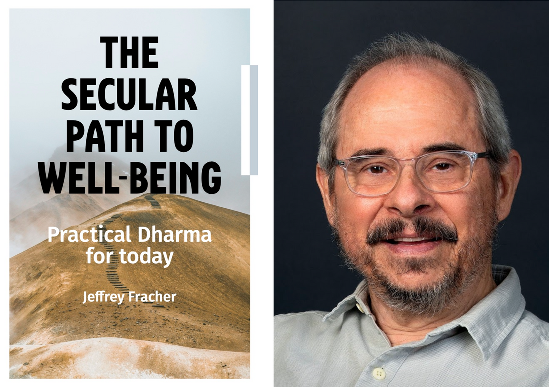 photo of author Jeffrey Fracher with the cover of The secular path to well-being